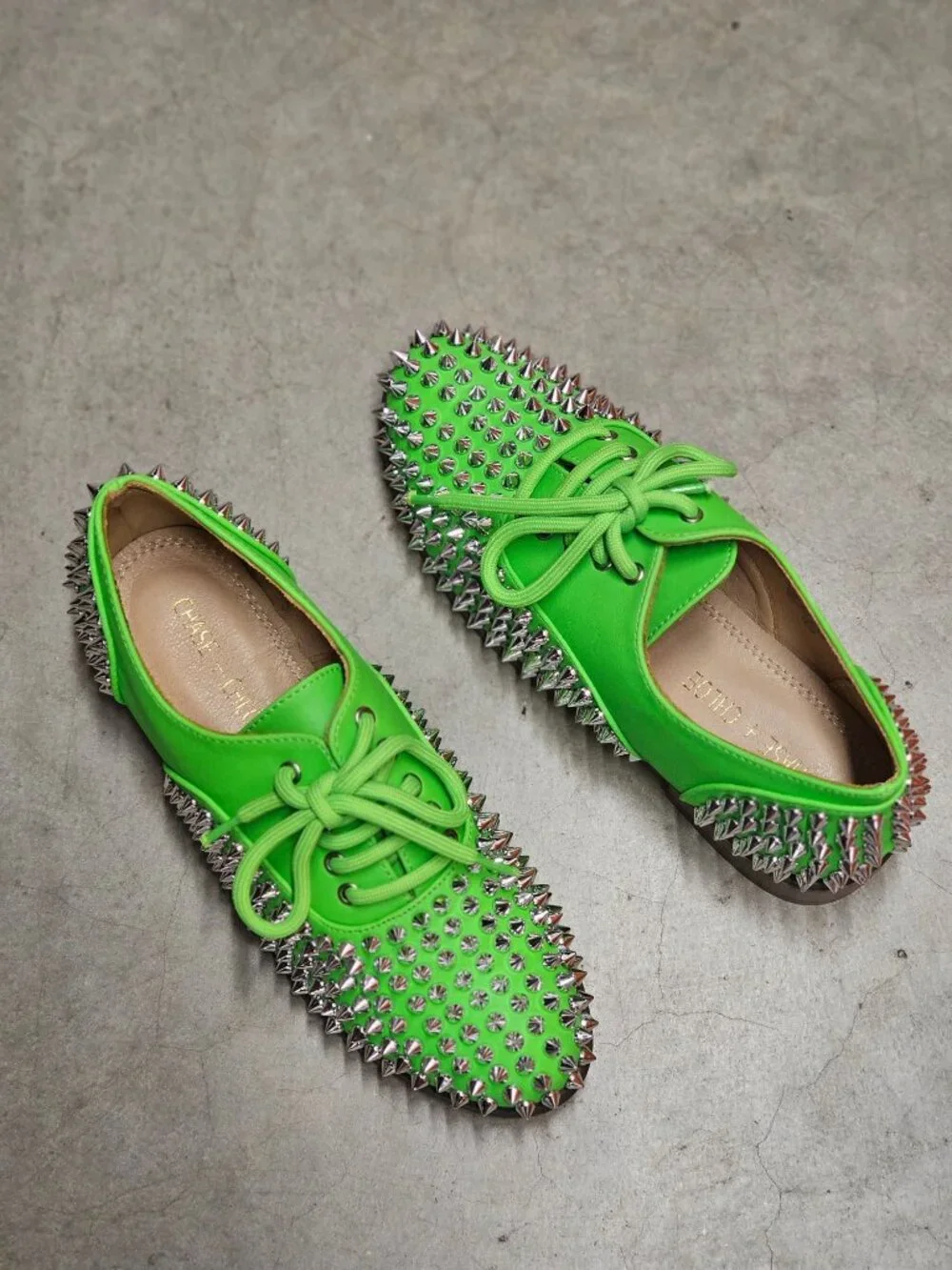 Studded Green Lace-Up Oxford Shoes With Silver Spikes & Wooden Heel - Picture 5 of 16
